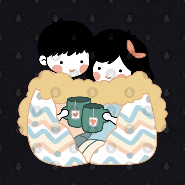 Cute “Cuddling Couple with Tea“ Design | Kawaii Handmade Illustration | By Atelier Serakara by Atelier Serakara